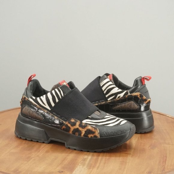 Michael Kors Womens Cosmo Mixed Animal Sneakers Chunky Leather Slip On 10M - Picture 1 of 12